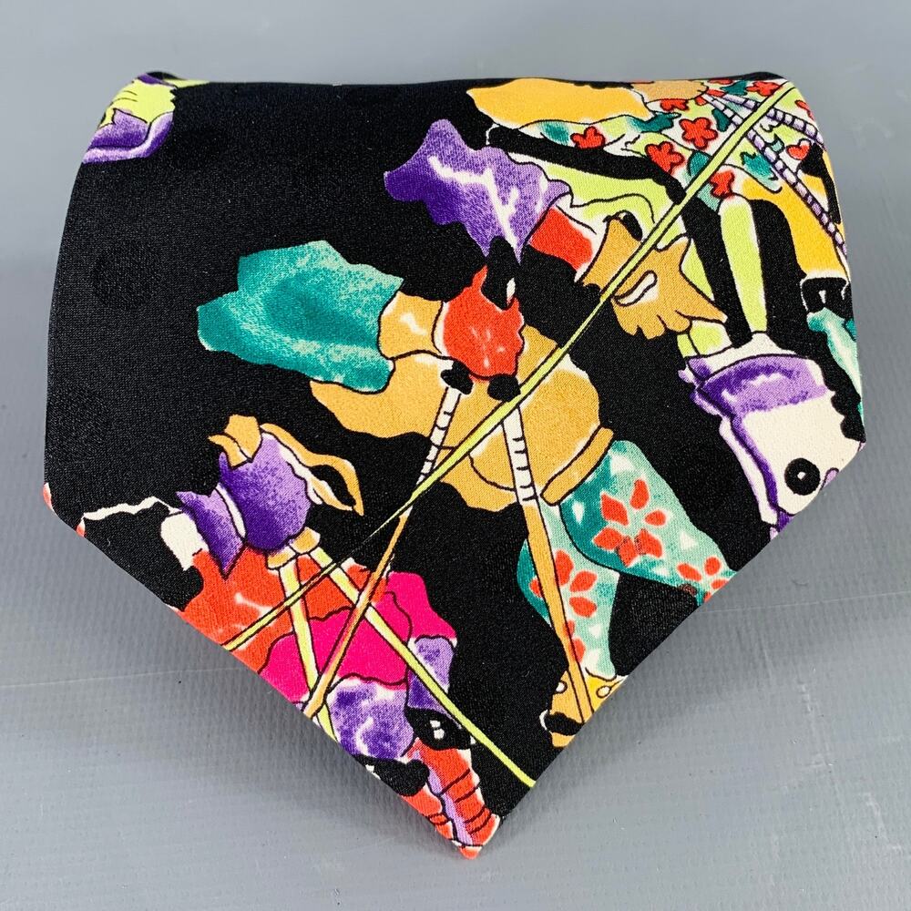 NICOLE MILLER Black Multi Color Ski Figures Silk Tie
